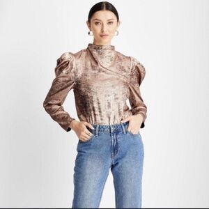 NWT FUTURE COLLECTIVE Kahlana Barfield Brown Puff Long Sleeve Blouse size Small